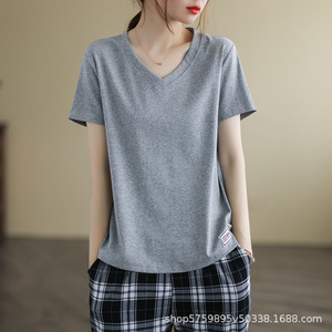 Women V-Neck Short Sleeve T-Shirt Loose Fit Breathable Jersey <b>Top</b> Casual <b>Patchwork</b> Base Layer Summer Wear - Product Image 4
