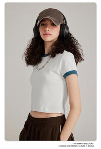 N516 Summer Cotton <b>T</b>-<b>Shirt</b> Women Y2K Crop Tops High Quality Breathable Sexy Thin Plain Slim Fit Hole Button Beading Decorations - Product Image 4