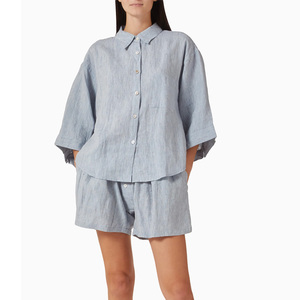 Abbigliamento Personalizzato da Donna, Set Estivo Primaverile in Lino e Cotone, 2 Pezzi, Vestibilità Comoda, Top a <span class=keywords><strong>Maniche</strong></span> <span class=keywords><strong>Lunghe</strong></span> e Pantaloncini, Abbigliamento per Casa - Product Image 1