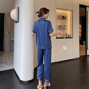 <span class=keywords><strong>Pigiama</strong></span> Estivo Tinta Unita per Coppie, Nuovo Completo da <span class=keywords><strong>Uomo</strong></span> a Maniche Corte con Cardigan, Elegante Camicia da Notte Jacquard Blu Royal Sexy per Donna - Product Image 2