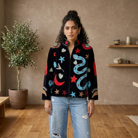 Veste d'automne réversible en velours matelassé, légère, tricotée et brodée à la main, col montant, motif Serpente Suzani, écologique, pour femme