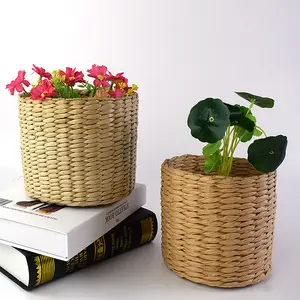 देहाती शैली शुद्ध हाथ से बुने हुए टोकरी सजावट घास बुना रचनात्मक हरे पौधों रसीला बर्तन फूलों की टोकरी