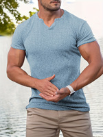 T-shirt côtelé à manches courtes pour homme, col en V, coupe classique, extensible, doux, respirant, 100 % coton 300g, séchage rapide, décontracté, hauts d'été
