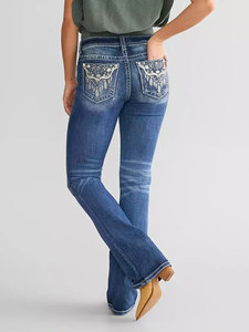 <span class=keywords><strong>Jeans</strong></span> da <span class=keywords><strong>Donna</strong></span> Stile Western Vintage con Ricamo di Piume Pantaloni a Zampa Eleganti e Casual a Vita Media Lunghi Elasticizzati - Product Image 6