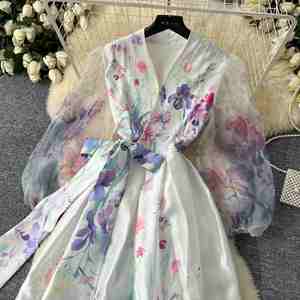 Vestido Midi Casual con Cuello en V y Estampado de Malla para Mujer, Talla Grande, Colección Primavera 2025, Estilo Túnica con Banda y Diseño de Parches - Product Image 4