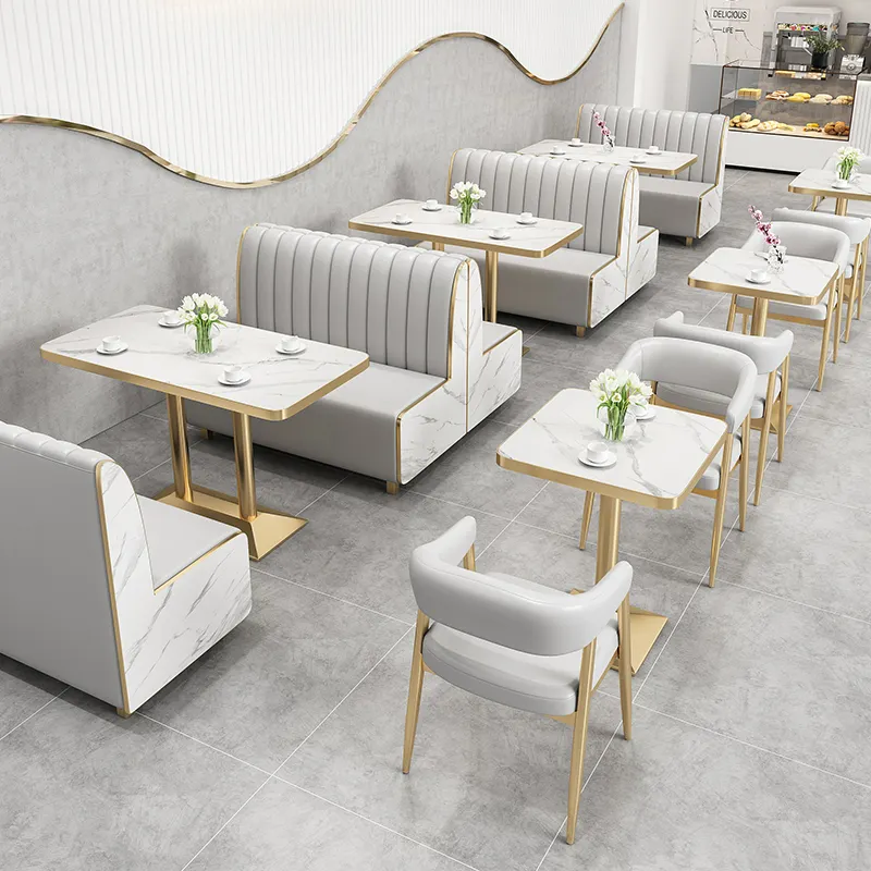 Özelleştirilmiş restoran kabini oturma seti mermer masa altın yemek masası ve sandalye kanepe Cafe kahve dükkanı için