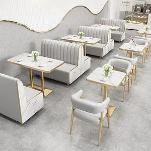 Set Tempat Duduk Stan Restoran Kustom Meja Makan Emas Atas Marmer dan Sofa Kursi untuk Kafe Kedai Kopi