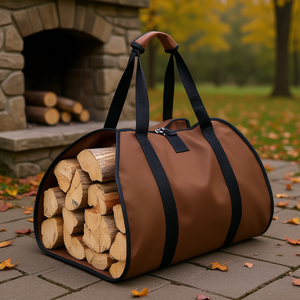 Sac de transport pour bois de chauffage, ovale, marron, résistant à l'usure, avec poignée pour le stockage des bûches de cheminée - Product Image 2