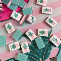 Set Mahjong Bambu Boho Hijau Mint & Pinggiran Merah Muda, Ubin Mahjong Akrilik Amerika dengan Cetakan Tanaman