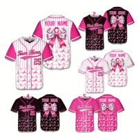 FQ CUSTOM Maillot de baseball à ruban rose Sensibilisation au cancer du sein Chemise de baseball boutonnée Maillot de softball à rayures classiques
