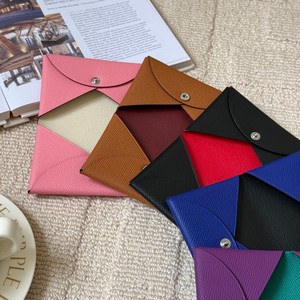 Porte-cartes fin en cuir Epsom bicolore minimaliste de luxe, porte-monnaie compact bicolore pour femmes, portefeuille en cuir véritable - Product Image 3
