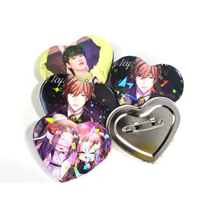 Cheap custom tinplate cartoon character button badge blank metal sublimation printing lenticular glitter anime heart button pin