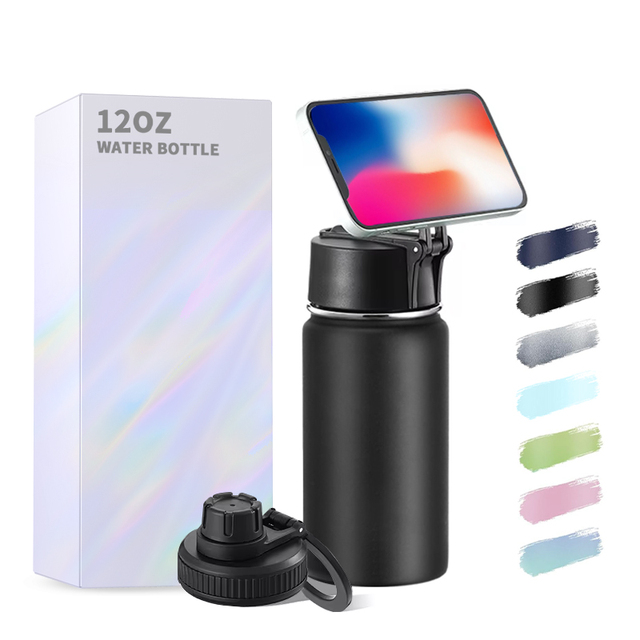 2024 Custom Color 12oz Powder Coated Stainless Steel Thermos Flask Magnet Water Bottle Magnetic Cell Phone Holder Business Gifts