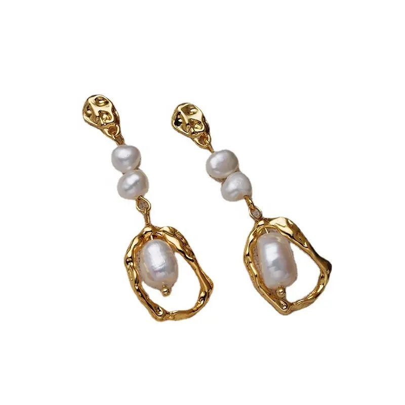 Retro Vintage Mode Barock Damen 18K Gold Plattiert Messing geometrische Winkel Tropfen Real Natur frischwasser Perle Ohrringe