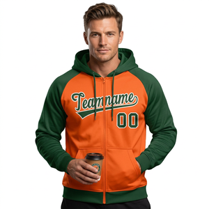 Men's Orange Green Raglan <b>Zip</b>-Up <b>Hoodie</b> Custom Team Name Number Front <b>Pocket</b> Casual Autumn Fleece Hooded Sweatshirt - Product Image 1