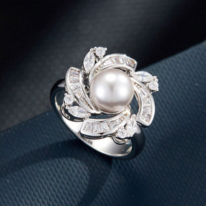 Faux Pearl Ring Flower Shape Micro Set Zircon Adjustable Index Finger Ring Gift Jewelry - Product Image 1
