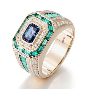 Bague de fiançailles pour homme en or massif 18K 14K 10K jaune, avec pierres précieuses certifiées GRC bleues et vertes, nouveau design personnalisé, bijoux fins - Product Image 2