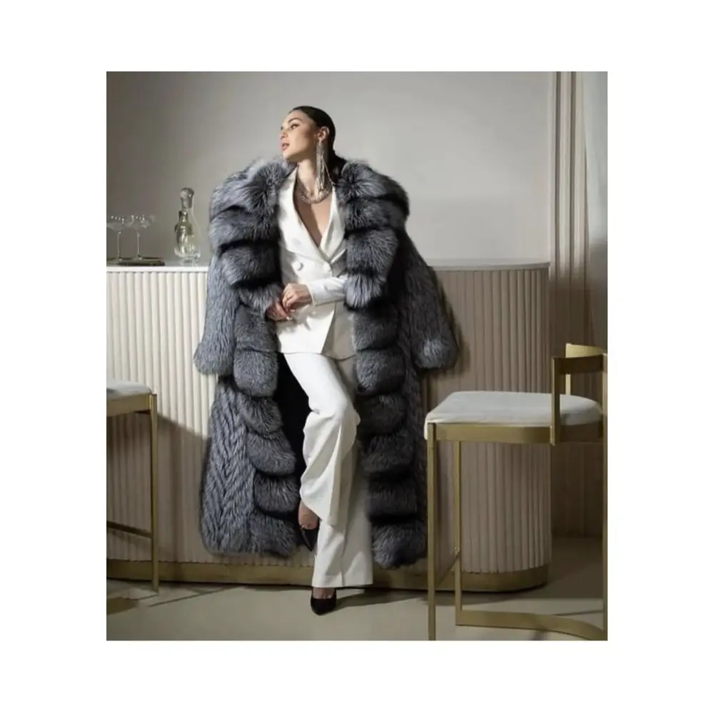 High end luxury women Knitted genuine silver fox trim fur collar plus size coats with hood full length pelt coat