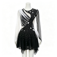Robe de patinage asymétrique noire et blanche pour enfants et adultes, à manches longues en maille, avec strass et plumes, pour spectacle de patinage artistique
