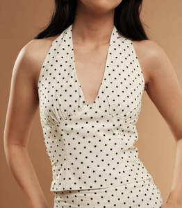 Factory Custom <strong>Cream</strong> Polka Dot Halter <strong>Top</strong> Women Shirred Backless <strong>Crop</strong> <strong>Top</strong> Tie Neck Tank <strong>Top</strong> Summer Casual Wear OEM - Product Image 1
