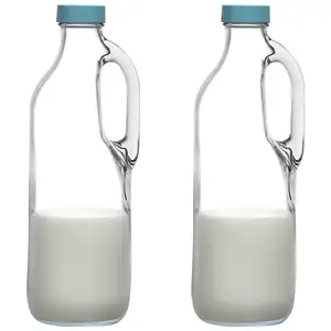 Clear Glass Milk Bottles Set with Handle and Lids Airtight Milk Container for Refrigerator Jug Glass Water Pitchers Water Juice