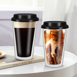 Taza de vidrio de doble pared resistente al calor, taza de café para llevar, vasos de aislamiento térmico con tapa de silicona negra a prueba de fugas - Product Image 1