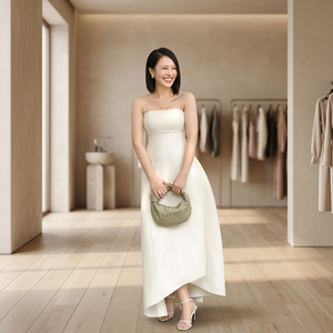 Robe midi évasée en satin ivoire uni pour femme, sans bretelles, sans col, tissée, respirante, pour l'été, les fêtes, les cocktails, les soirées, avec boutons - Product Image 3