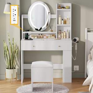 DWVO Ensemble table <span class=keywords><strong>de</strong></span> maquillage avec miroir et éclairage <span class=keywords><strong>3</strong></span> couleurs Prise <span class=keywords><strong>de</strong></span> courant Chaise <span class=keywords><strong>3</strong></span> tiroirs pour rangement Table <span class=keywords><strong>de</strong></span> toilette blanche Lots - Product Image 5