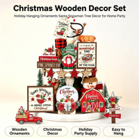 Ensemble de décorations de Noël en bois pour plateau à étages style ferme, ornement de table rustique avec gnome et maison de camion pour fêtes à la maison