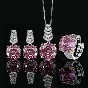 Wholesale Eco-friendly Copper Rose Cut 14-12MM Pink Cubic Zirconia Temperament Necklace and <b>Earrings</b> Ring Jewelry <b>Set</b> - Product Image 3