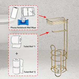 Metal silindir şeklinde tuvalet kağıdı depolama organizatör montaj telefon raf ile altın rulo kağıt havlu tutucu banyo depolama raf