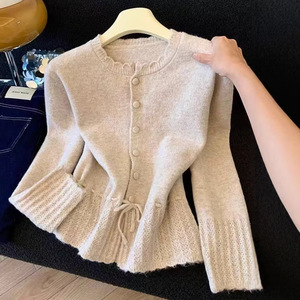 Women's Drawstring Ruffle Knit <b>Cardigan</b> Solid Color Tie Waist Slimming <b>Spring</b> Autumn Top - Product Image 1