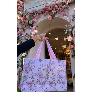 Retail custom logo small luxury Jewelry Clothing paperbag favor wedding door paper return gift bag with ribbon handles