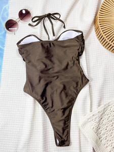 Elegante bruine halter-<span class=keywords><strong>bikini</strong></span> met strik achter en hoge beenuitsnijding, één geheel zwempak - Product Image 2