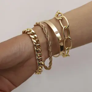 Pulseira unissex de aço inoxidável, bracelete com corrente torção, conjunto de pulseira banhada a ouro, corrente, bracelete para mulheres e homens, 2021