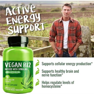Complément alimentaire végétalien B12 (infusé à la spiruline) en vente chaude OEM - 1000 MCG de méthylcobalamine, 90 capsules faciles à avaler - Product Image 2