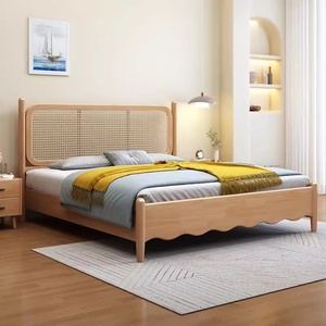 Lit en rotin et bois massif, mobilier sur mesure pour hôtel et appartement, lit double king size avec rangement, ensemble de meubles de chambre en bois - Product Image 2