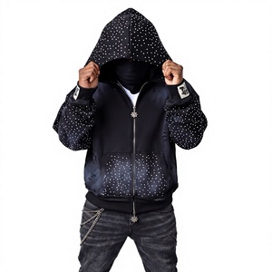 Sudadera con capucha personalizada con cremallera completa y pedrería, estilo vintage, de peso pesado, azul desgastado, con lavado ácido, estilo Y2K, ropa urbana. - Product Image 3