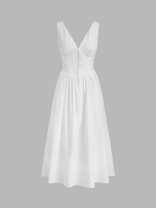 Elegante Abito <span class=keywords><strong>Midi</strong></span> <span class=keywords><strong>Bianco</strong></span> in Stile Francese, <span class=keywords><strong>Vestito</strong></span> da Donna con Scollo a V, Allacciatura Frontale, Bottoni, Vita Arricciata, Linea ad A, per Matrimoni e Feste - Product Image 5
