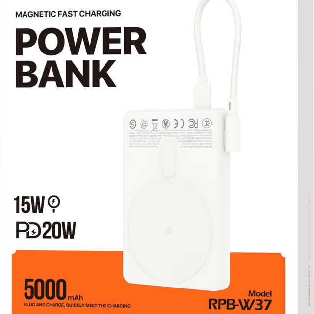 RECCI RPB-W37 Magnetic Wireless Power Bank 5000mAh, 15W Wireless + PD 20W Fast Charge with Foldable Stand & Built-in Cable