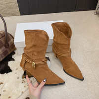 Bottines à bout pointu pour femmes, talon aiguille, en daim, style slouchy, avec sangle enveloppante, coupe en V, bottes western tendance, 3 couleurs