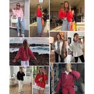 FOXA Women's Oversized <b>Henley</b> Sweatshirt Pullover <b>Top</b> Fall Outfits Quilted Placket Detail Knitted Fabric - Product Image 2