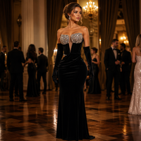 Robe longue en tulle transparent à sequins argentés, texture velours noir, avec gants plissés et ourlet long, robe de soirée haut de gamme