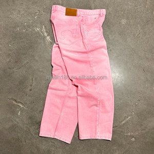 Jeans personnalisés à taille haute avec broderie, pantalon en denim unisexe rose vintage délavé à l'acide, jeans baggy pour hommes - Product Image 3