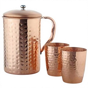 Handmade Hammered Copper Water Pitcher with Lid and 2 Cups Classic 1.7L Drinking Set for Home Party Use - Product Image 1