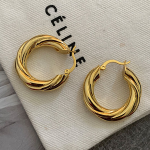 Oro de 18 quilates relleno grueso wisted retro minimalista diseño dorado trenzado grueso chapado en oro nudo mujeres Loop pendientes de aro joyería - Product Image 6