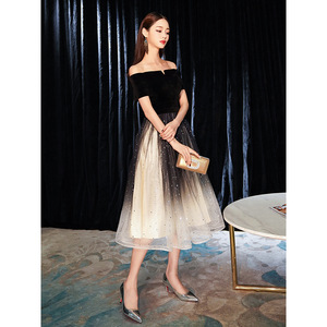Women's Off Shoulder Velvet Evening Dress A Line With Tulle Skirt For Banquet Party Spring 2026 New Style Black Slim Fit - Product Image 4