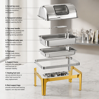 Plat de service de luxe en acier inoxydable doré pour buffet traiteur, capacité 9L, conception à couvercle roulant économe en énergie