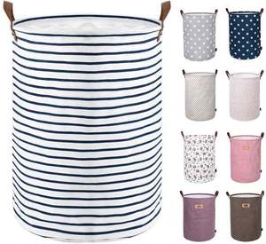 Hot-selling Fashion Stripe Printing Cotton <b>Canvas</b> Cloth Collapsible Laundry Basket <b>for</b> <b>Storage</b> with Lining Basket - Product Image 1