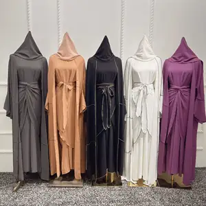 Latest Wholesale Turkey Dubai Solid Color 3 pieces Set Abaya With Edging Polyester Wrinkle Women Muslim Dress Open Abaya